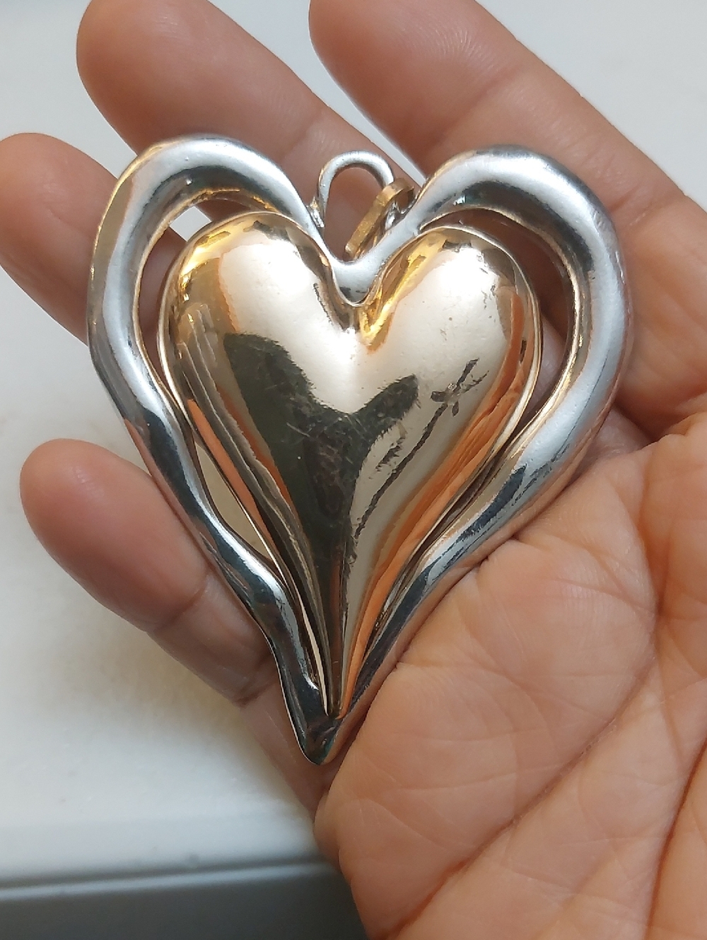 Two Tone Gold Silver Hammered Hollow Puffy Heart Pendant